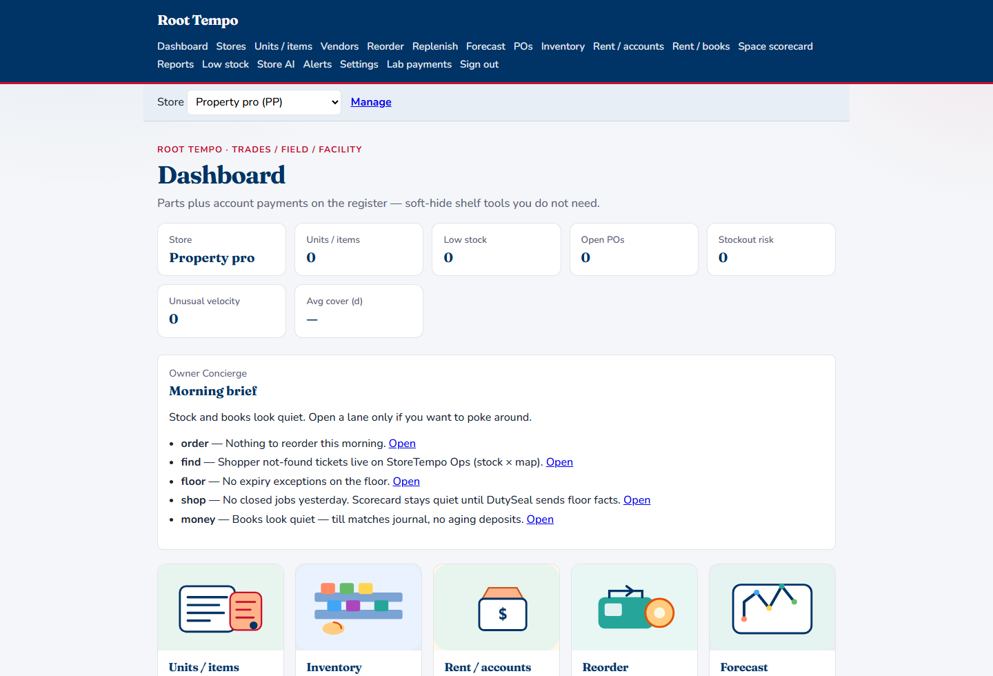 Property dashboard. Nav reads Rent / accounts and Rent / books. Register is absent.